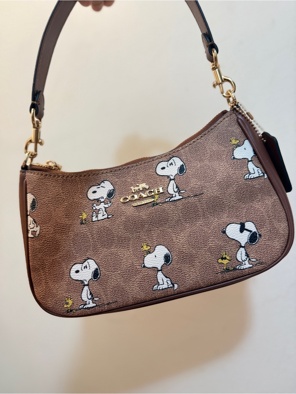 Coach Brown Snoopy Print Leather Shoulder Bag with Gold Hardware